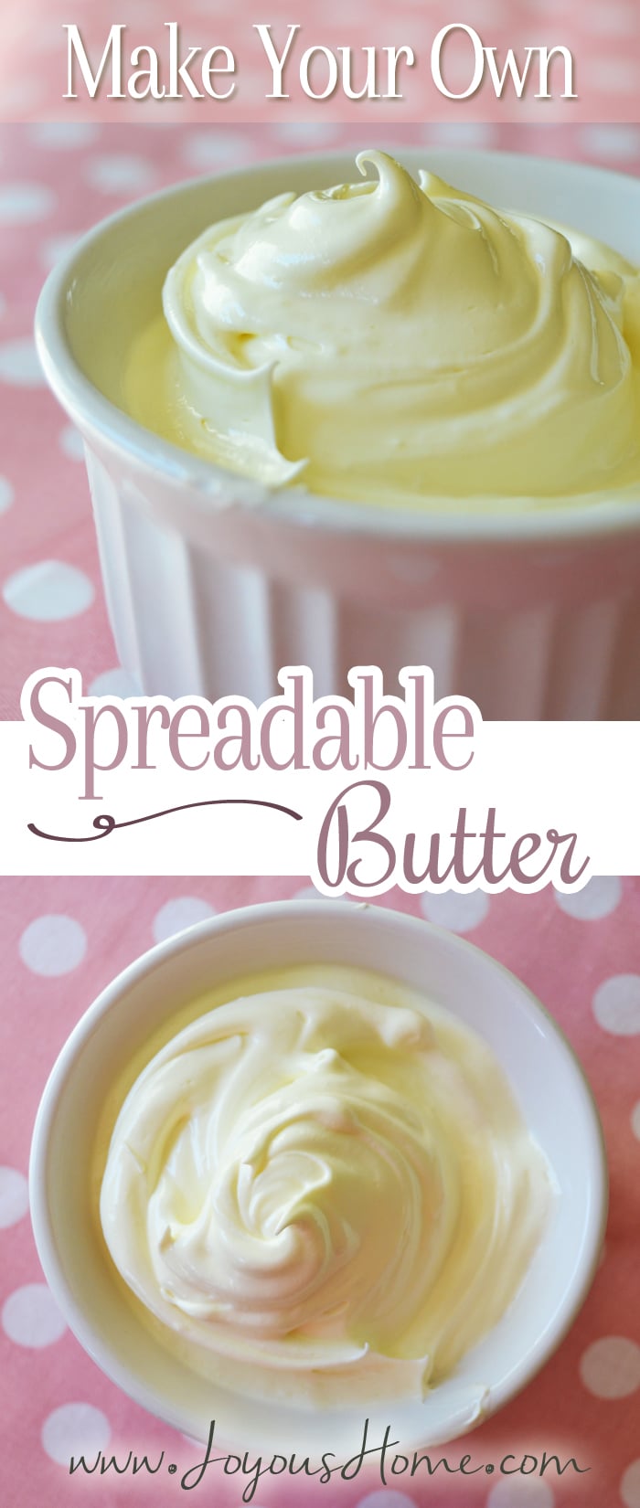 Super creamy, homemade spreadable butter. Yes, make it yourself! The best part? It's REAL food, and you can make It in just a few minutes with only three ingredients! Read how on Joyous Home! || www.JoyousHome.com
