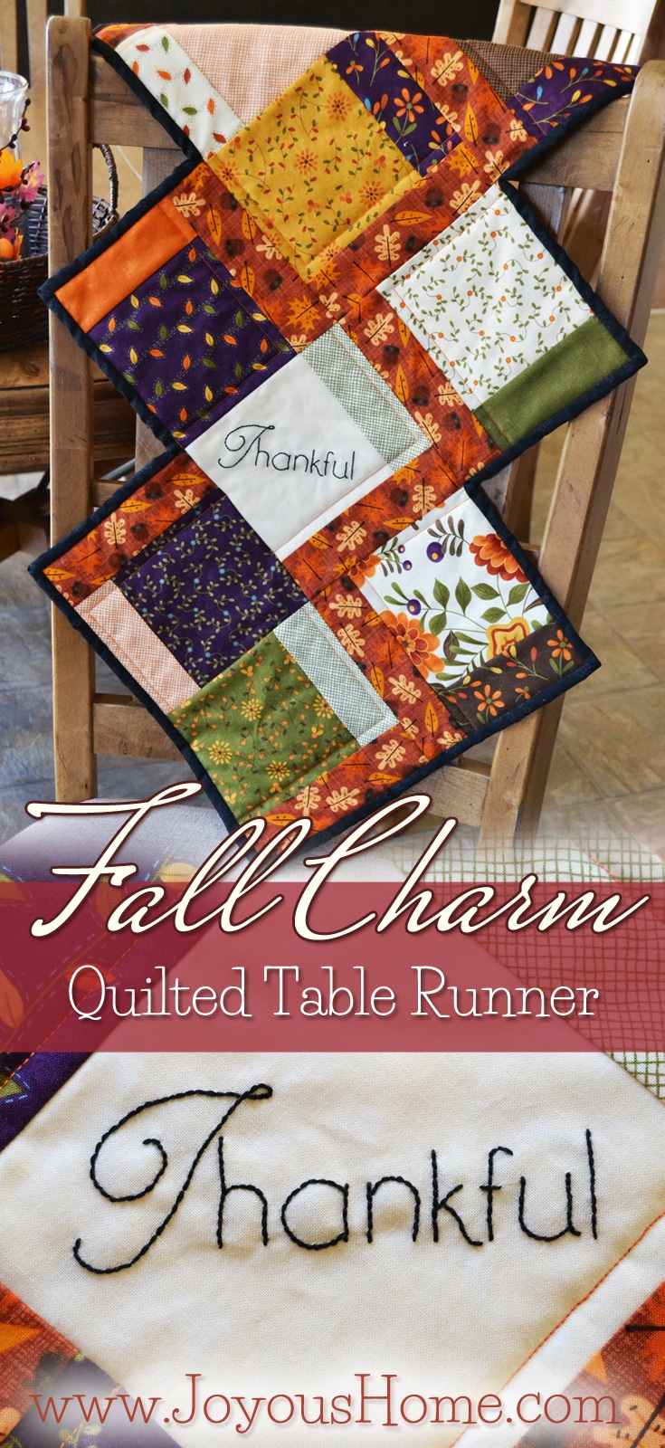 Enjoy a free pattern for my Fall Charm Quilted Table Runner using Moda Charm squares! A lovely pattern for your Thanksgiving/Fall table.