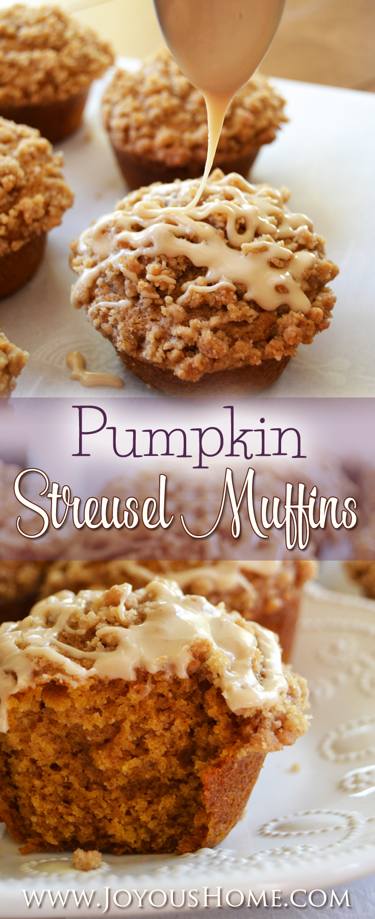 The best Pumpkin Streusel Muffin recipe ever. Super moist and delicious and especially beautiful drizzled with a decadent Maple Glaze.