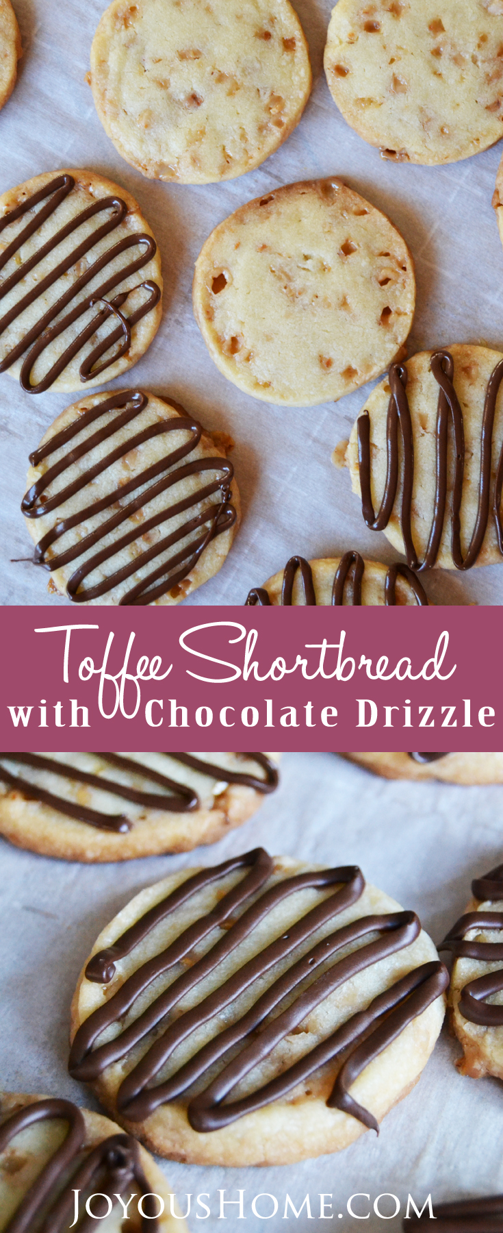 Delicious, tender toffee shortbread cookies filled with buttery toffee bits and covered with a yummy dark chocolate drizzle!